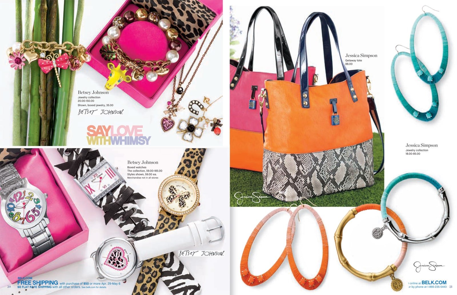 Belk accessories spread with colorful Betsey Johnson jewelry and watches alongside Jessica Simpson handbags and necklaces