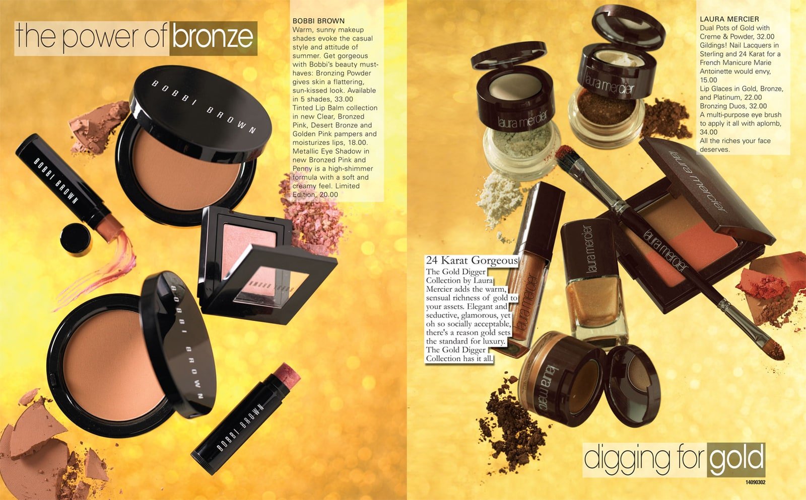 Belk beauty spread arranging Bobbi Brown and Laura Mercier cosmetics against a golden background