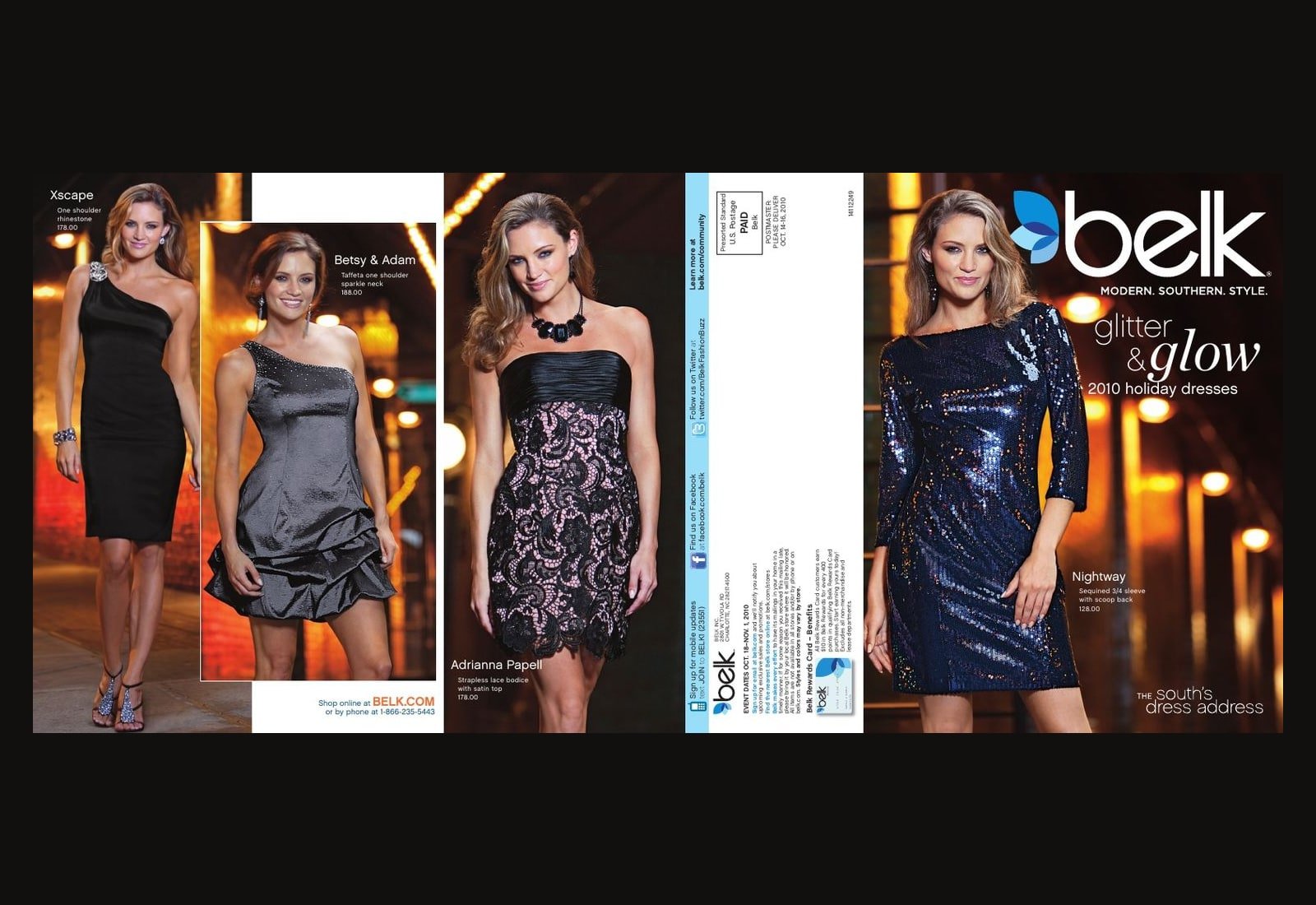 Belk Holiday 2010 dress campaign foldout, featuring four fashion photographs and the glow cover