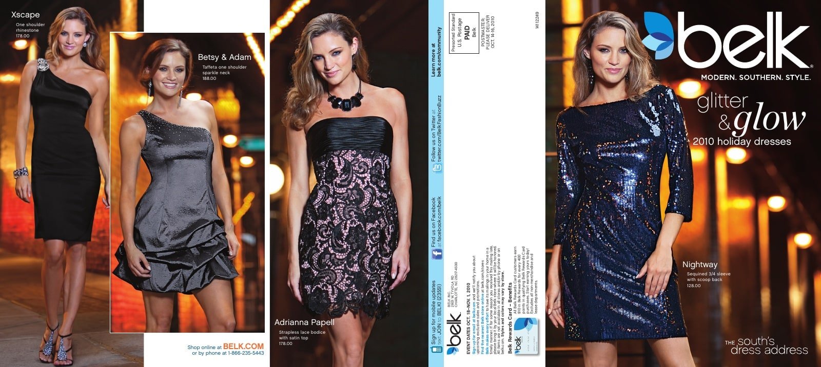 Belk Holiday 2010 dress campaign foldout, featuring four fashion photographs and the glow cover