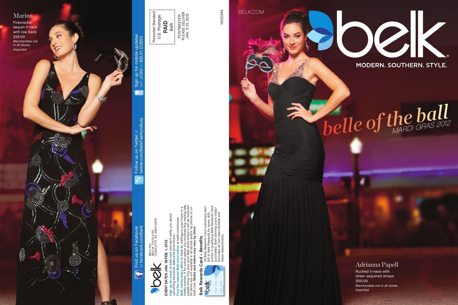 Belk Mardi Gras 2012 catalog cover and back panel, featuring evening dresses and masks