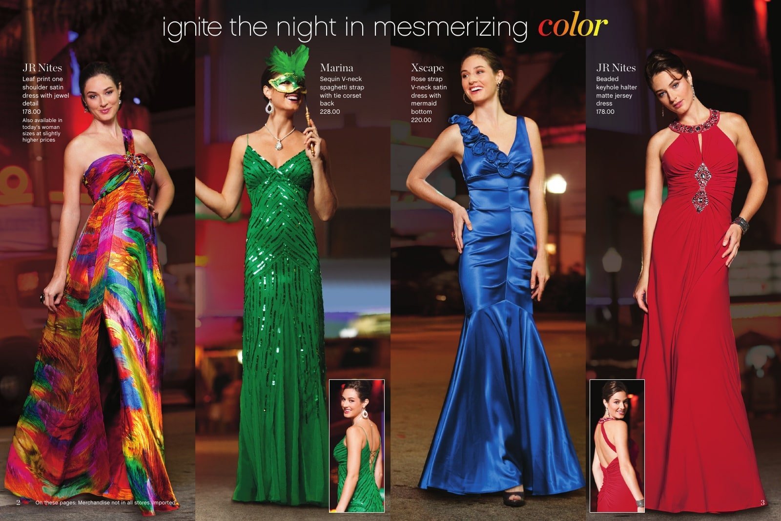 Belk Mardi Gras catalog spread featuring four colorful evening dresses and masquerade styling